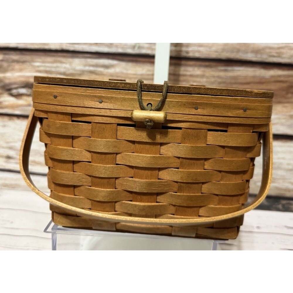 Longaberger Small Handled Basket With Cover and Latch Hand Woven Wood 1993 USA